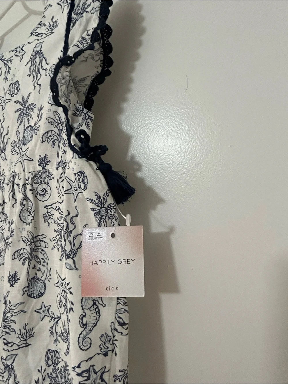 Girls Nautical Print Dress with Navy Trim